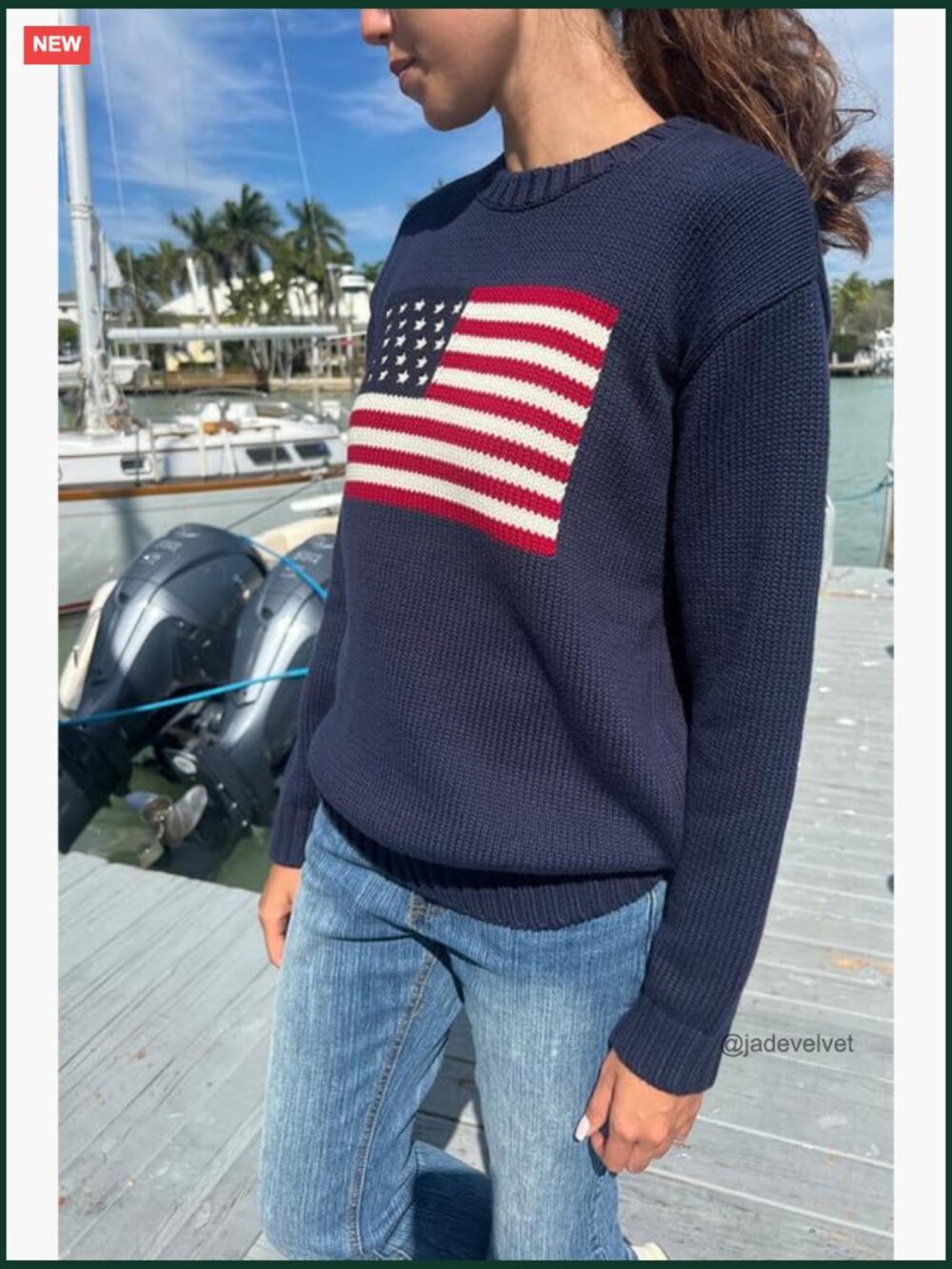American Flag Crew Neck Sweater - Long Sleeve Loose Knit Pullover Top - Picture 3 of 7